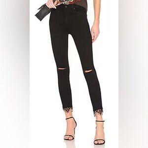 Mother The Swooner Dagger Ankle Fray, Black Skinny Jean Distressed with Lace Hem